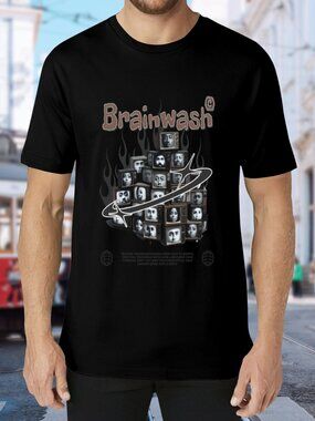 Brainwash Graphic Tee - Black with Monochrome TV Collage